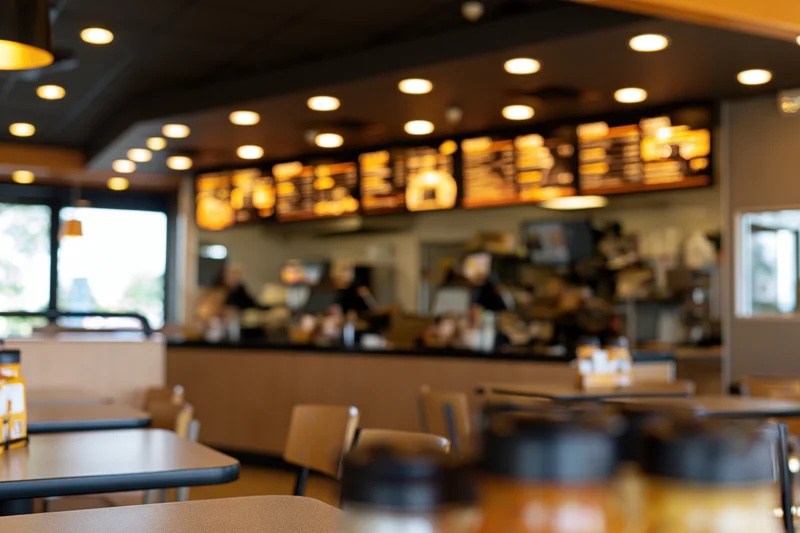 Fast food restaurant interior with glowing menu display above counter and tables in foreground