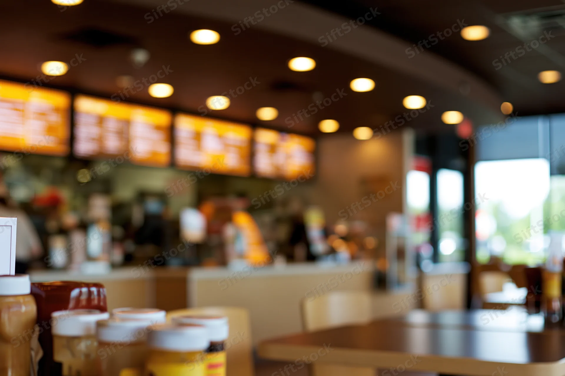 Fast food restaurant interior with glowing digital menu displays above the counter and condiment jars in the foreground