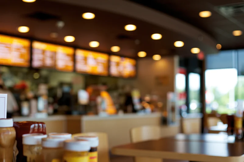 Fast food restaurant interior with glowing digital menu displays above the counter and condiment jars in the foreground