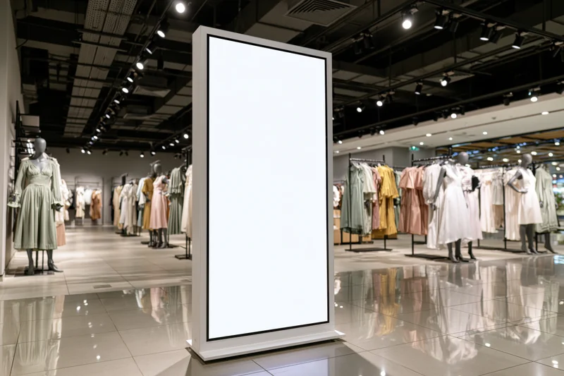 Tall blank digital display in a modern women's clothing boutique with mannequins and racks of dresses