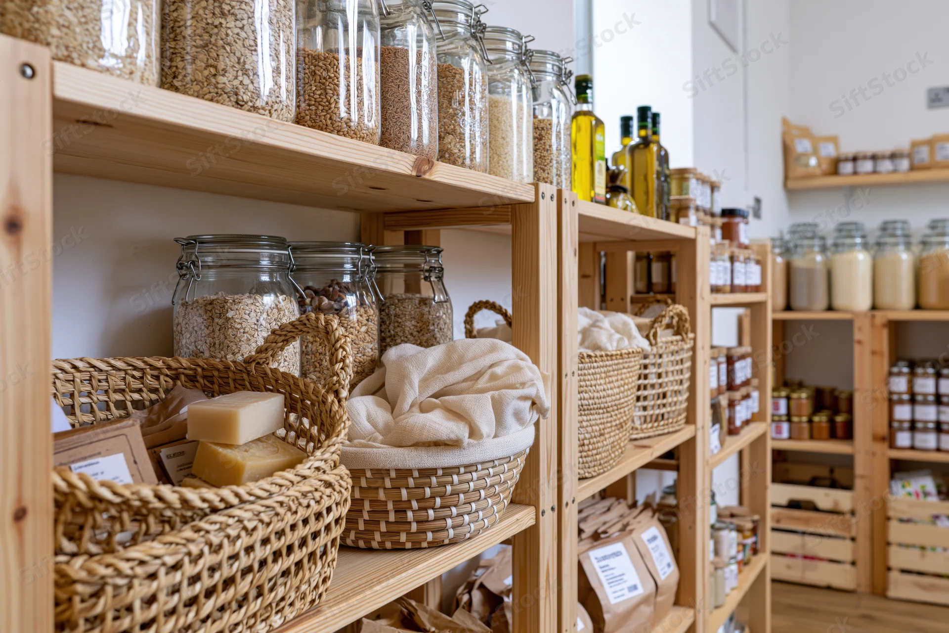 Wooden shelves stocked with glass jars of grains and wicker baskets of soap in a zero-waste grocery store interior