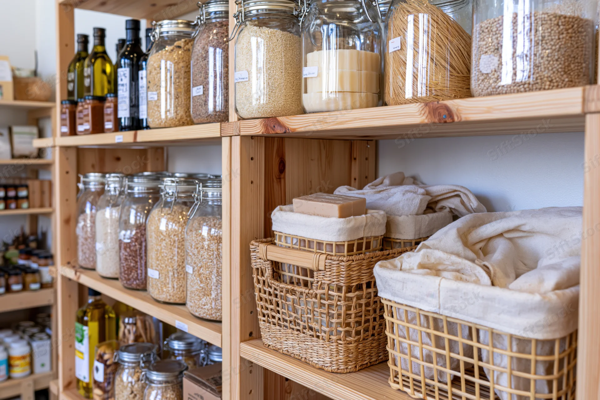 Wooden shelves stocked with glass jars of grains and woven baskets of cloth bags in a zero-waste grocery store interior