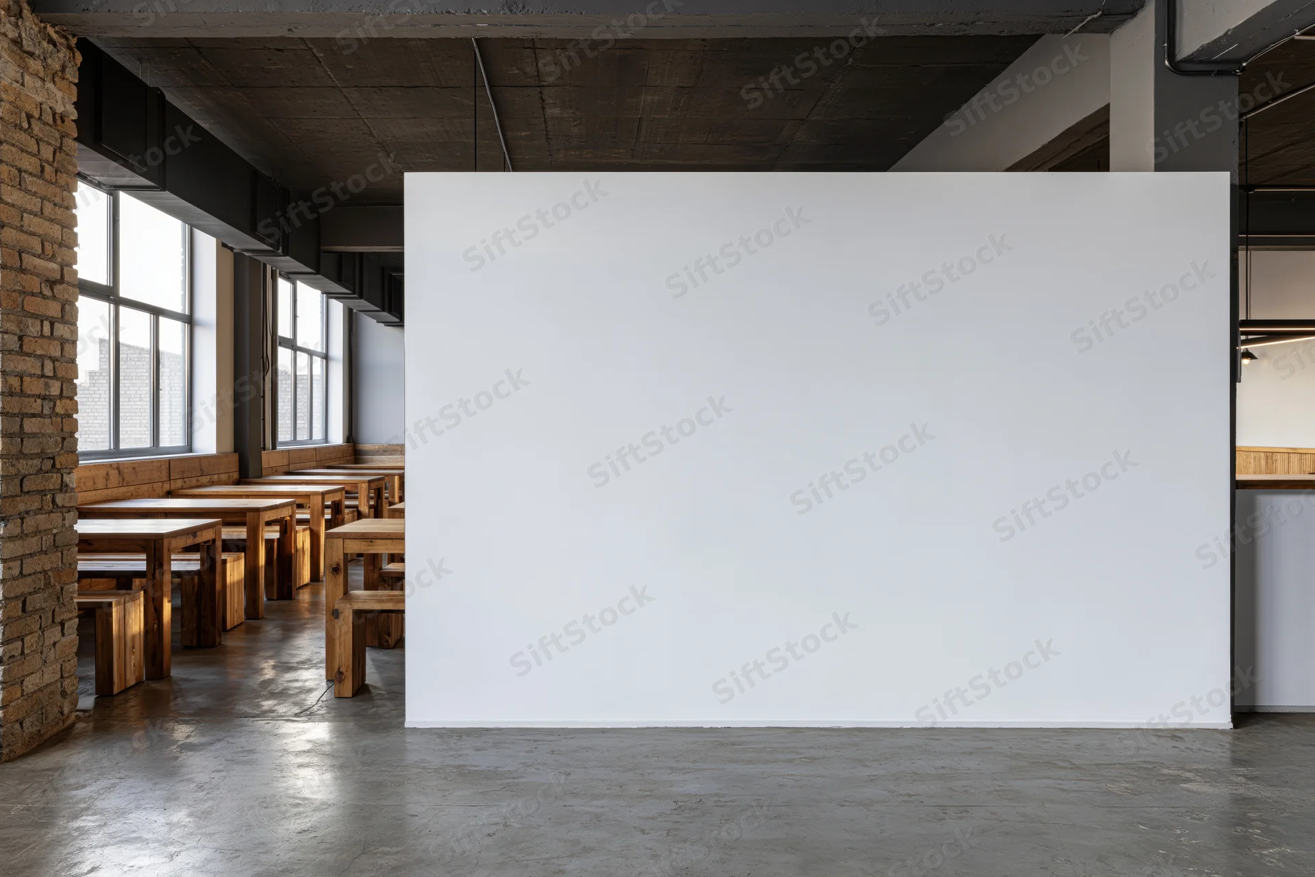 Empty industrial-style restaurant interior with white wall and wooden tables along brick windows