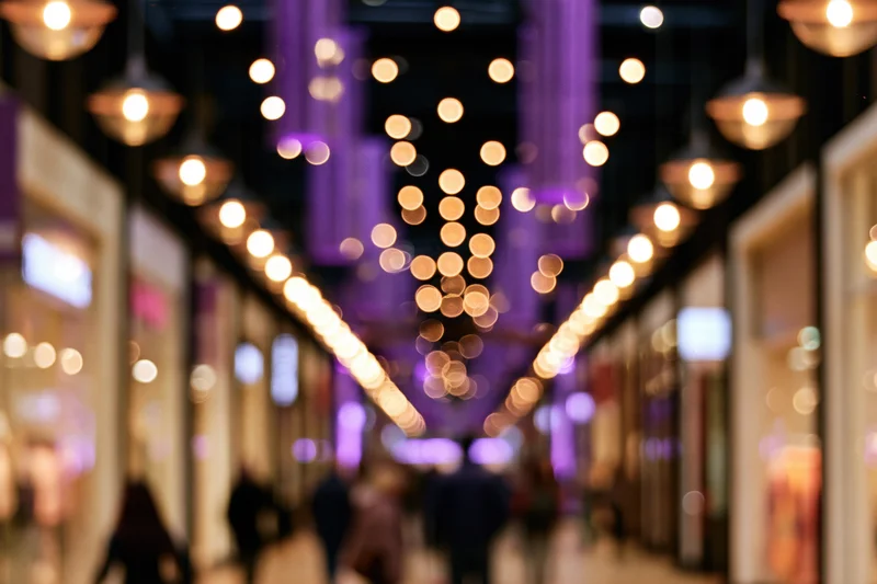 Blurred view of a shopping mall corridor at night with hanging lights and storefronts