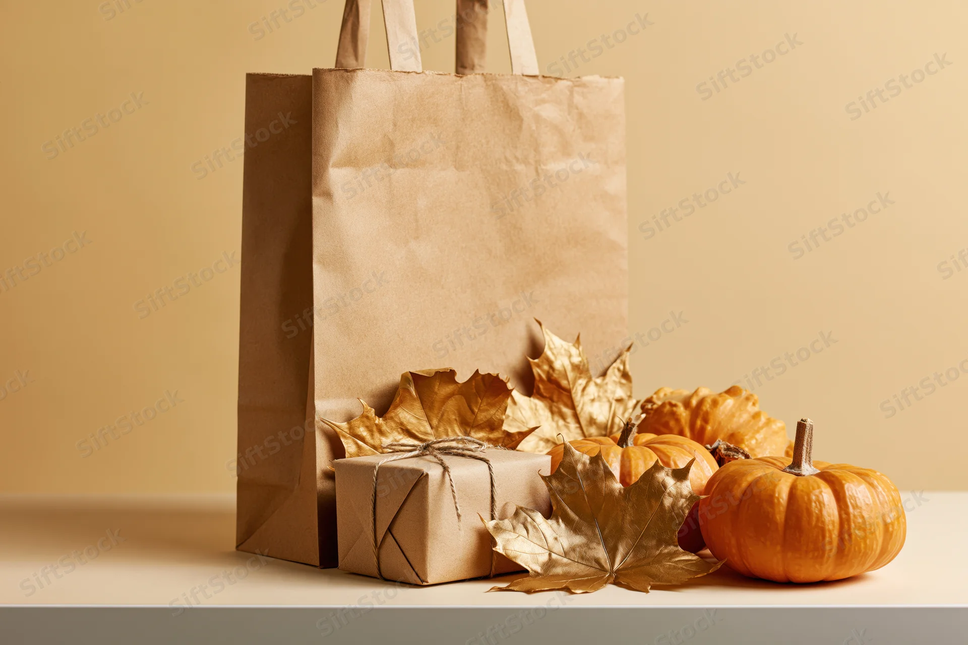 Kraft paper bag beside wrapped gift and pumpkins on table with autumn leaves