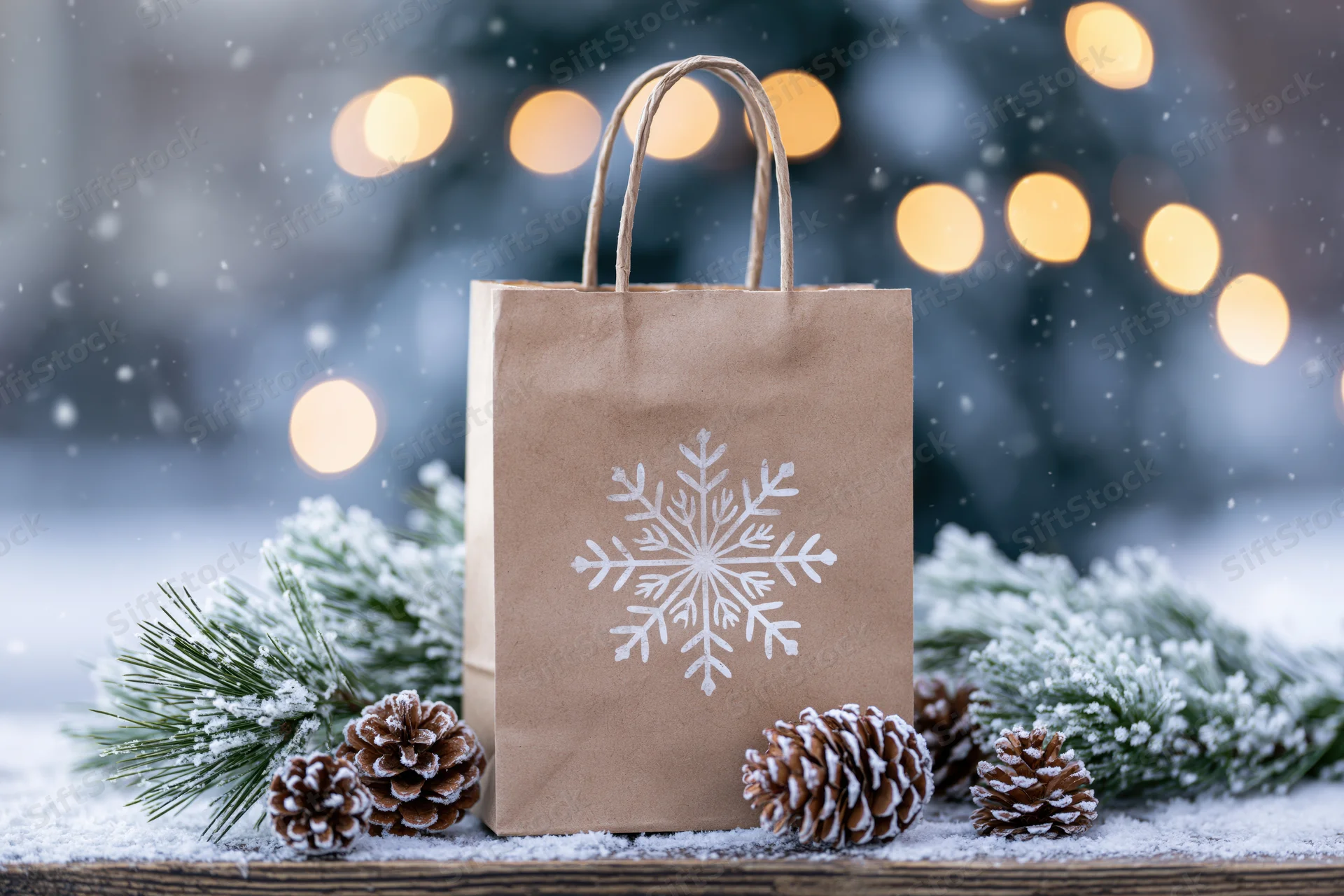 Kraft paper shopping bag with white snowflake print on snowy wooden surface surrounded by pine branches and pinecones with blurred festive lights in background