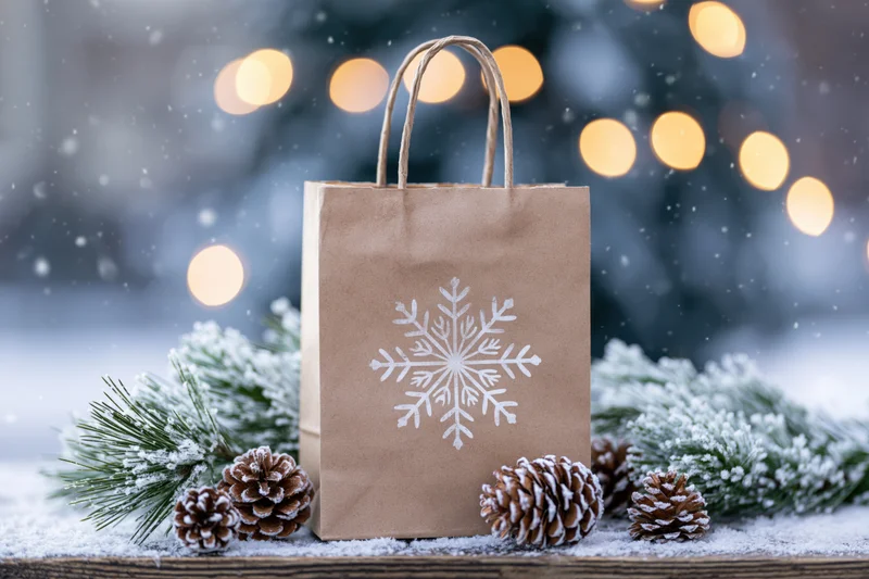 Kraft paper shopping bag with white snowflake print on snowy wooden surface surrounded by pine branches and pinecones with blurred festive lights in background