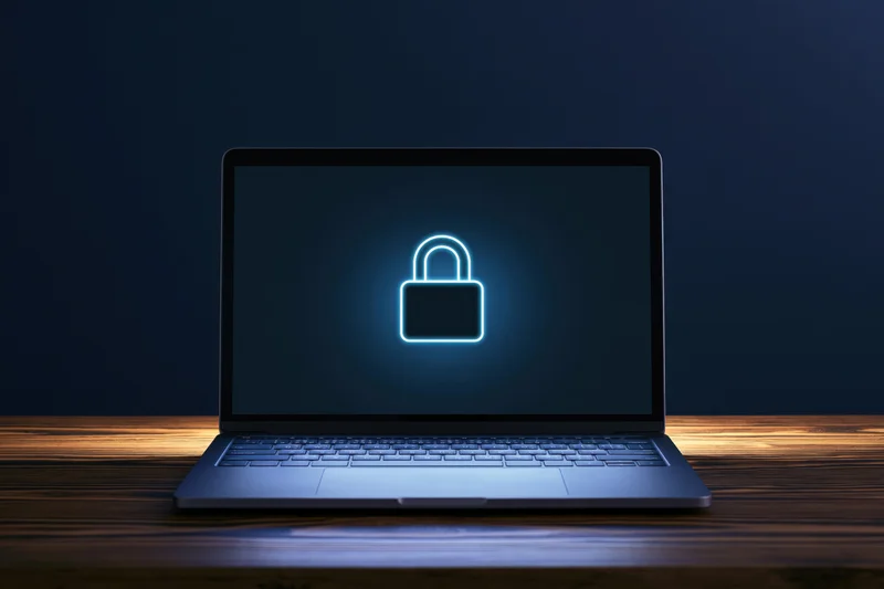 Laptop displaying glowing blue lock symbol on screen on wooden desk