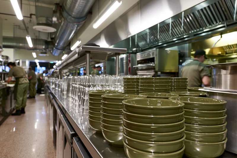 Stacks of olive-green ceramic plates and bowls lined on a stainless steel counter in a large military kitchen with staff in uniform working in the background