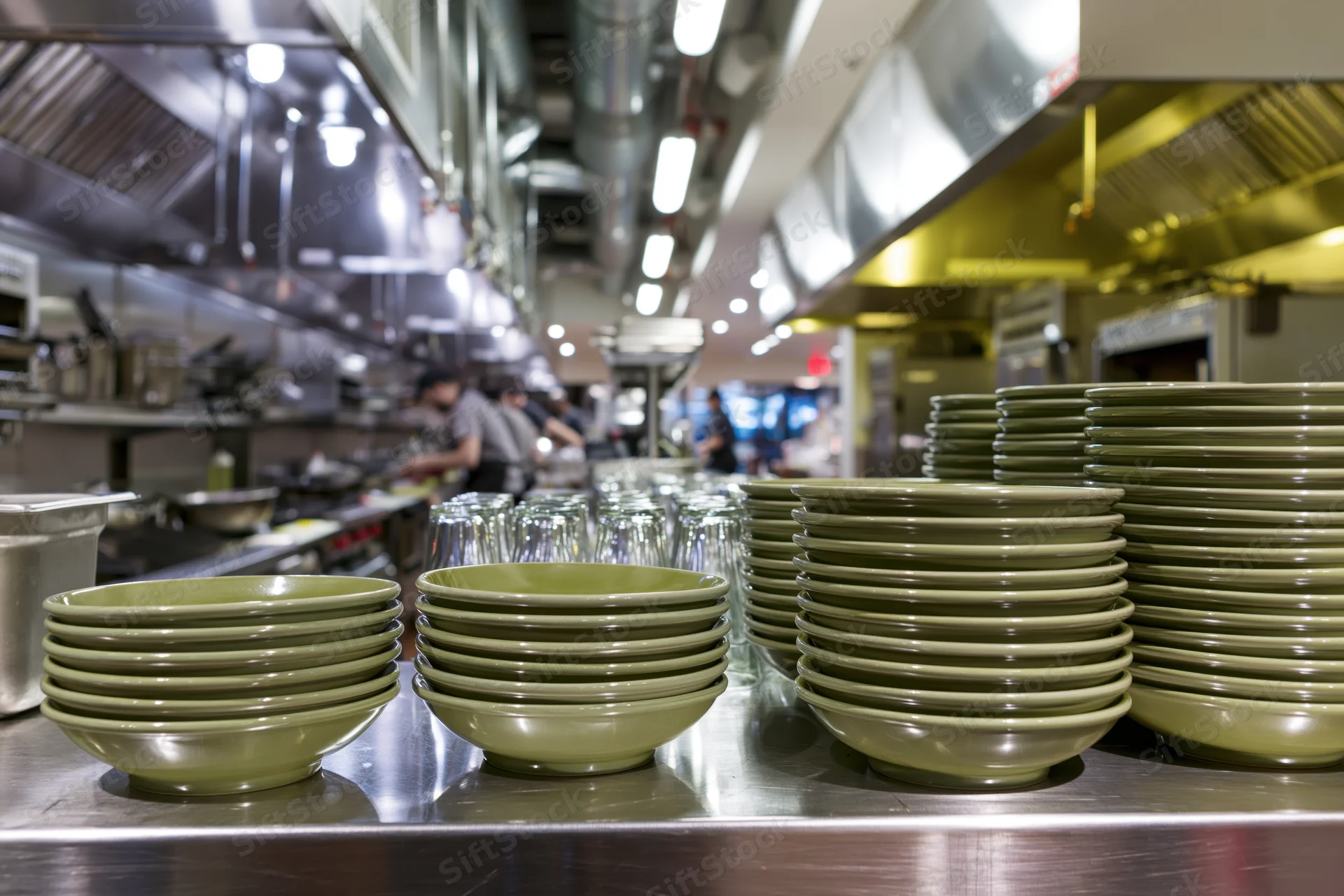 Stacks of olive-green ceramic bowls and plates on stainless steel countertop in commercial kitchen
