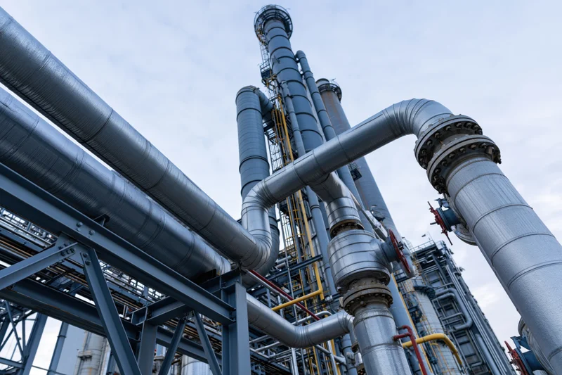 Large network of steel pipelines and exhaust stacks at an industrial refinery plant