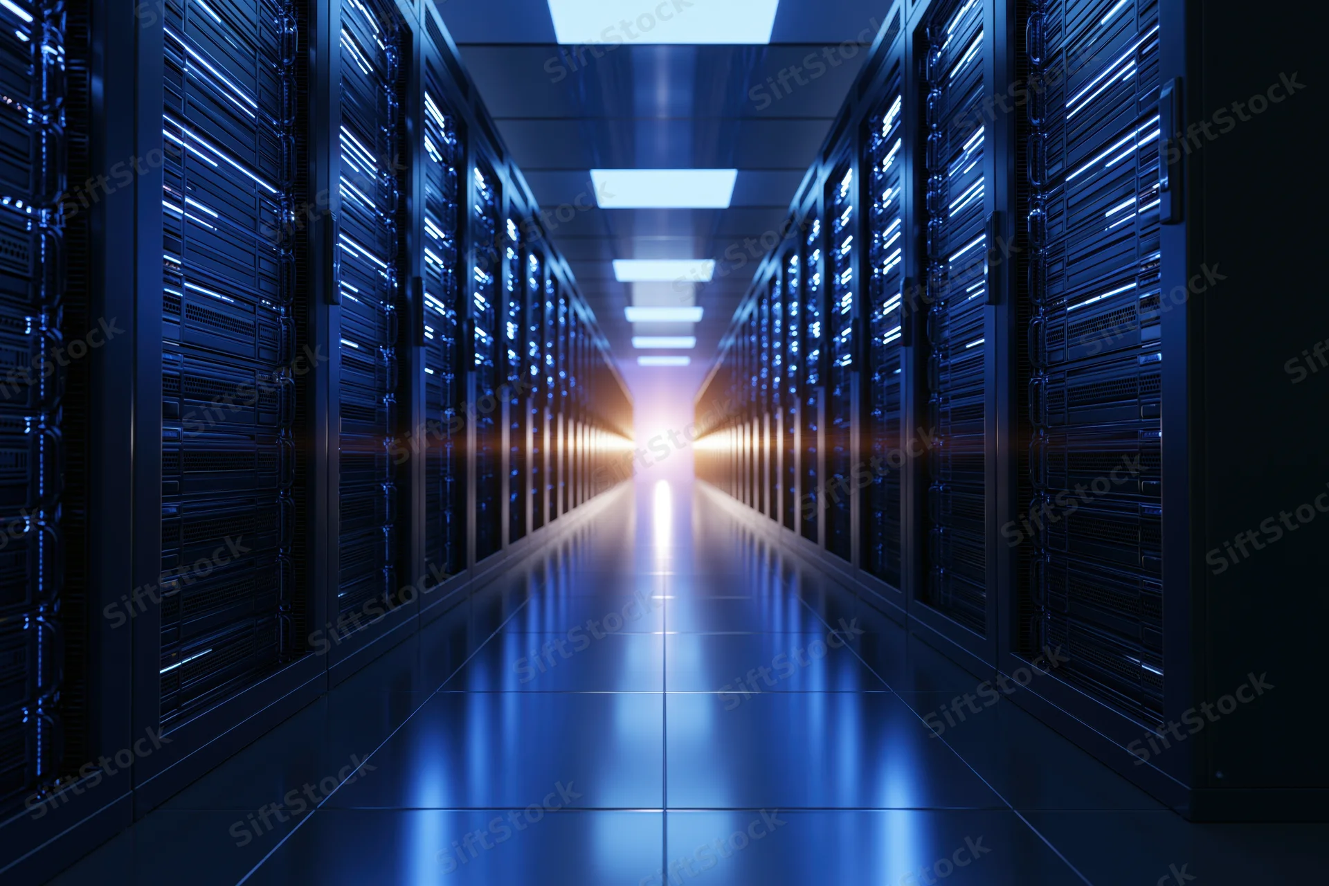 Long symmetrical corridor of tall black server racks receding into a bright light at the end