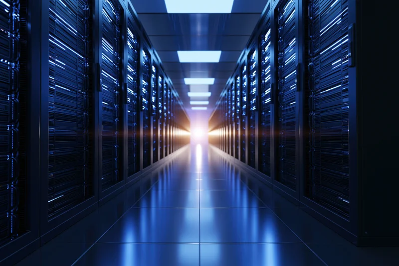 Long symmetrical corridor of tall black server racks receding into a bright light at the end