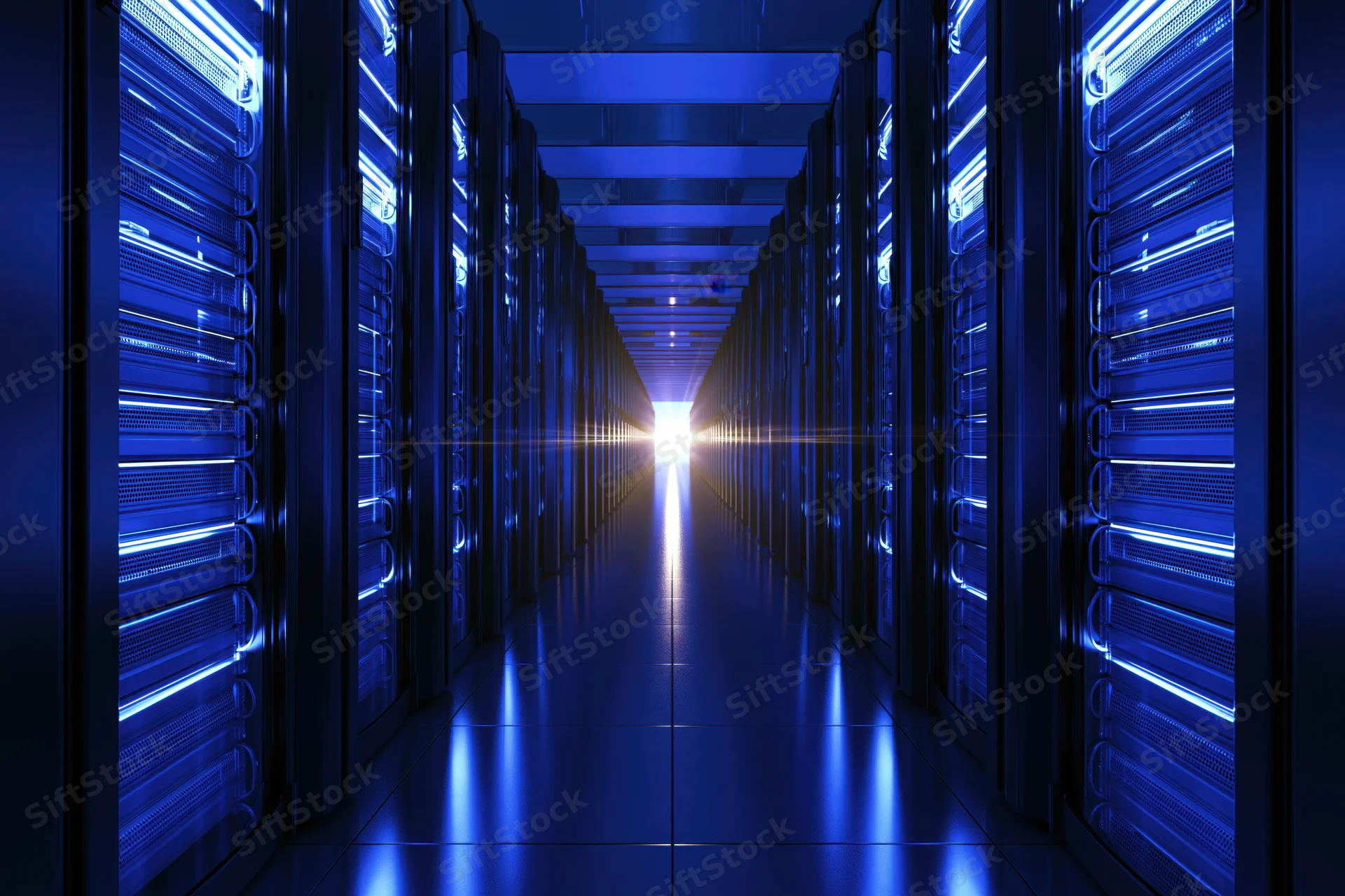 Long symmetrical corridor of tall black server racks receding into bright light at end