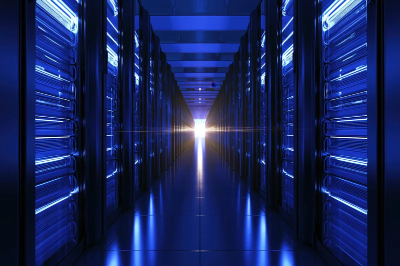 Long symmetrical corridor of tall black server racks receding into bright light at end