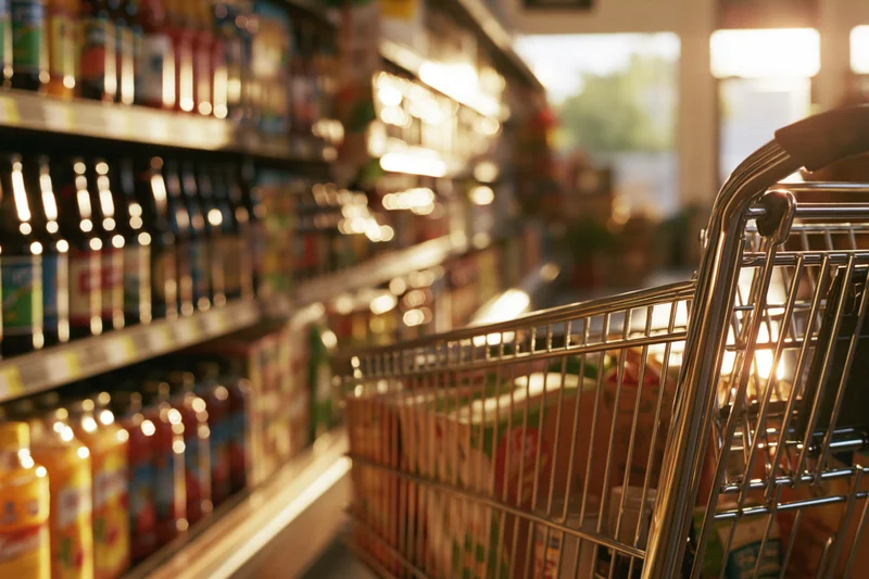 Metal shopping cart filled with groceries parked beside a supermarket aisle