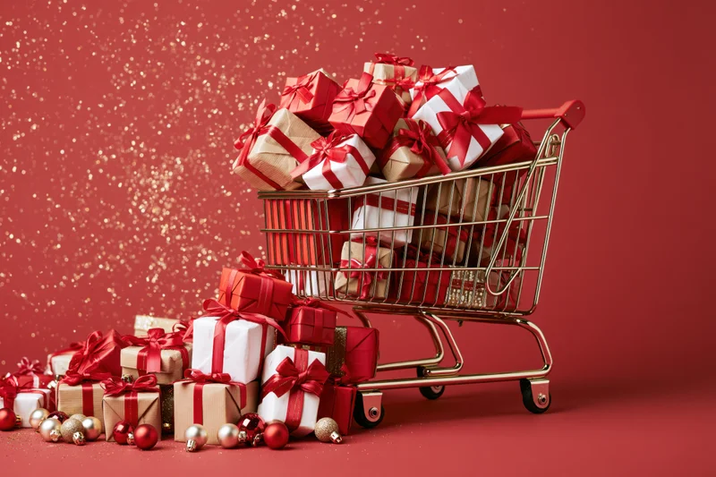 Metal shopping cart overflowing with wrapped gift boxes and ornaments on red glittery background