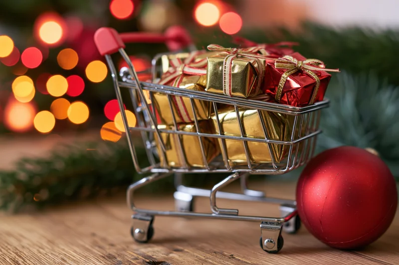 Miniature shopping cart filled with wrapped gifts on wooden surface near christmas tree lights
