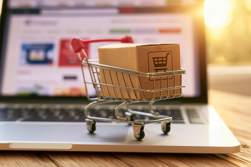 Miniature shopping cart with cardboard box on laptop keyboard in front of online store screen