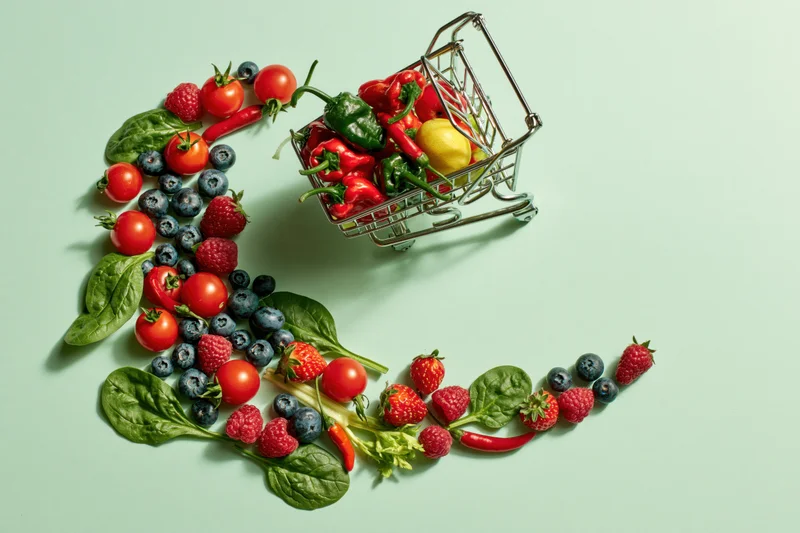 Miniature metal shopping cart filled with fresh produce arranged with berries and leafy greens on a mint green surface