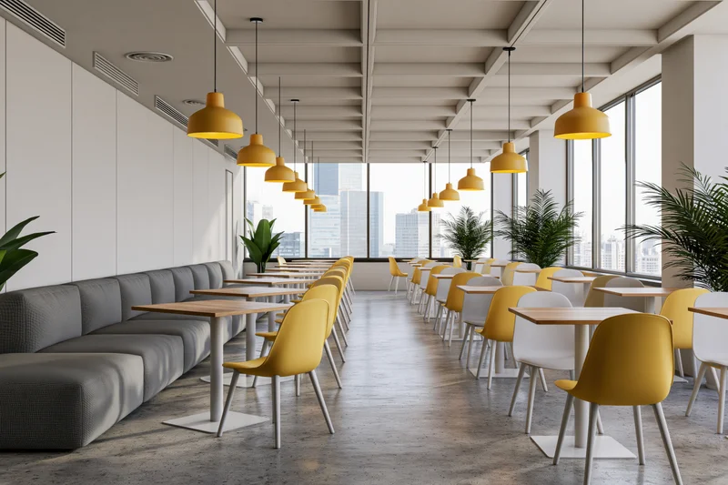 Modern cafeteria interior with rows of yellow and white chairs at tables near large windows overlooking city skyline