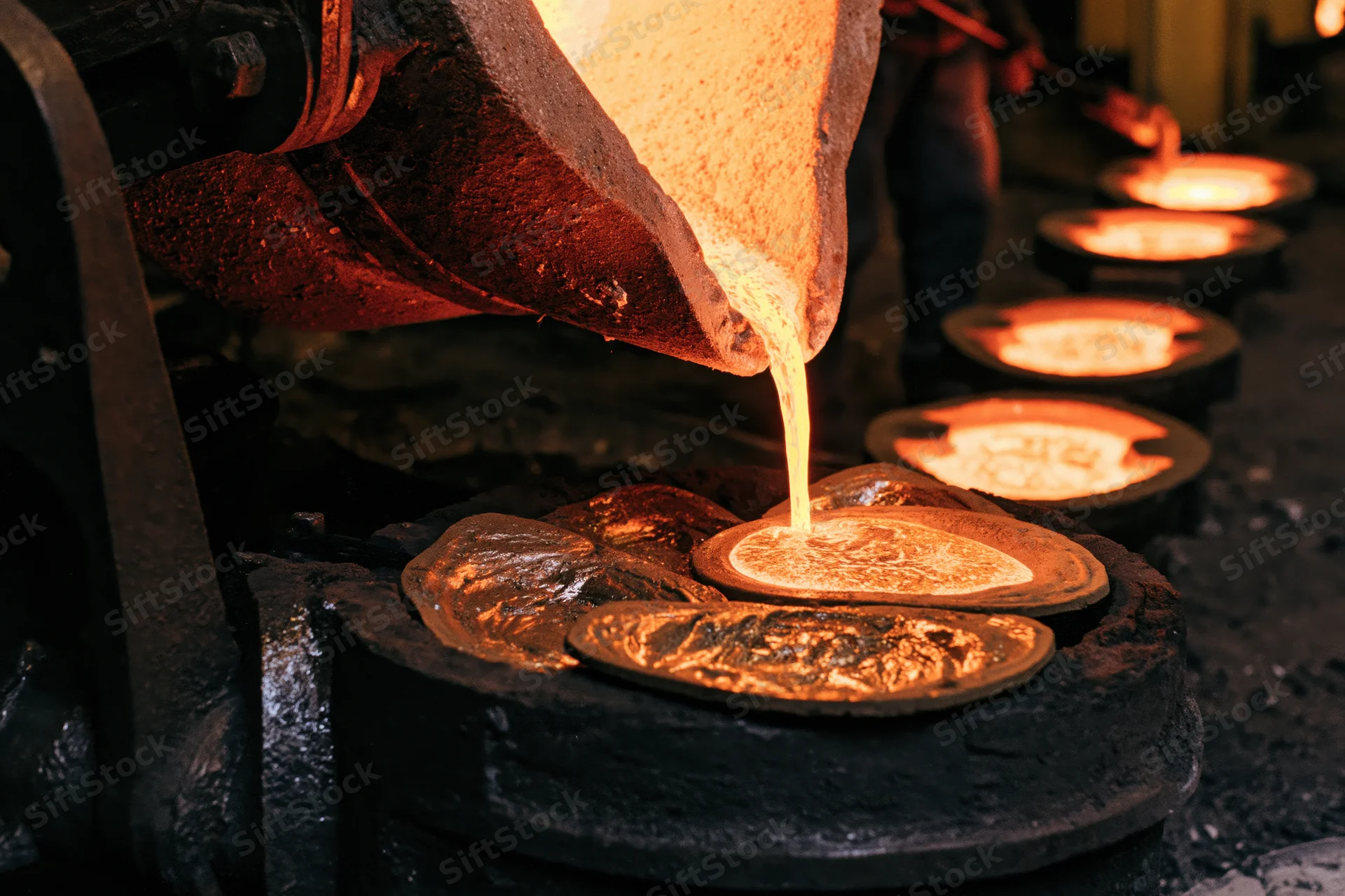 Molten metal being poured from a tilting ladle into sand molds in a foundry workshop