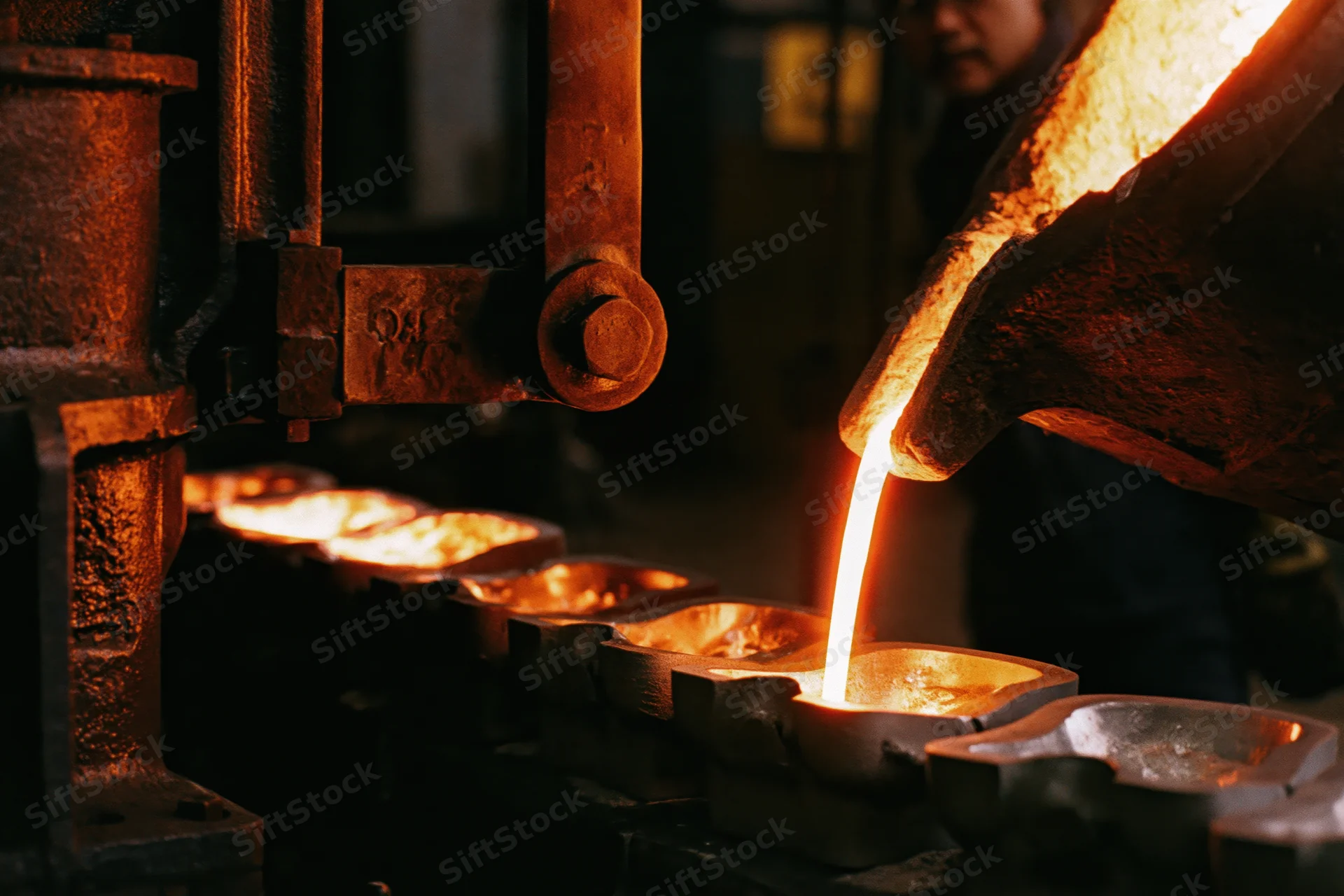 Molten metal being poured from a ladle into molds in a foundry workshop