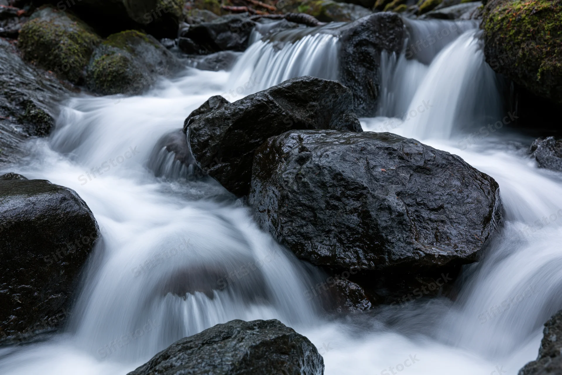 Mountain stream cascading over dark wet rocks in a forest setting