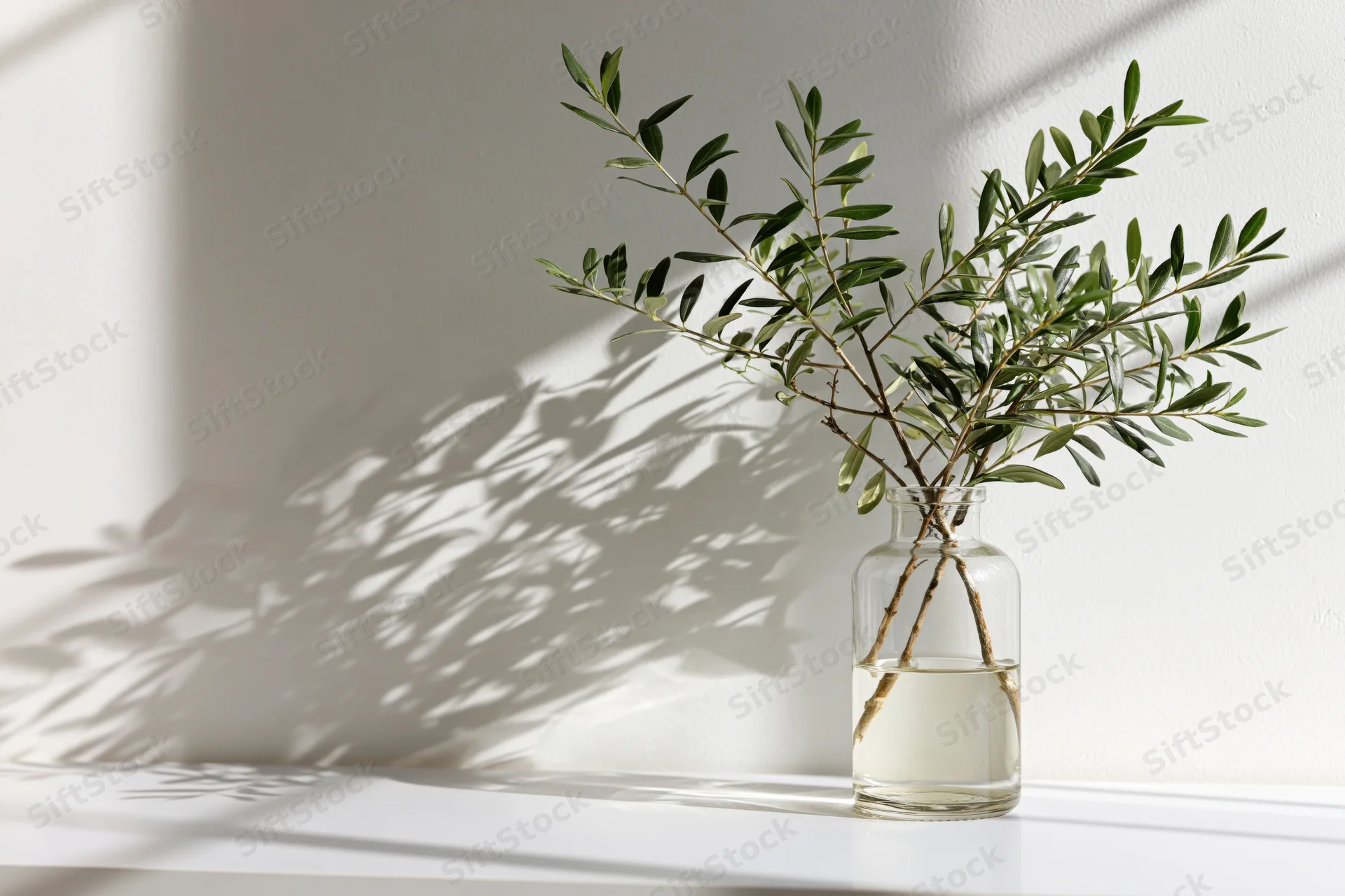 Olive branch in a clear glass vase on a white surface with sunlight casting shadows on the wall