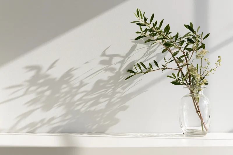 Olive branch in a clear glass vase casting shadow on white wall and shelf