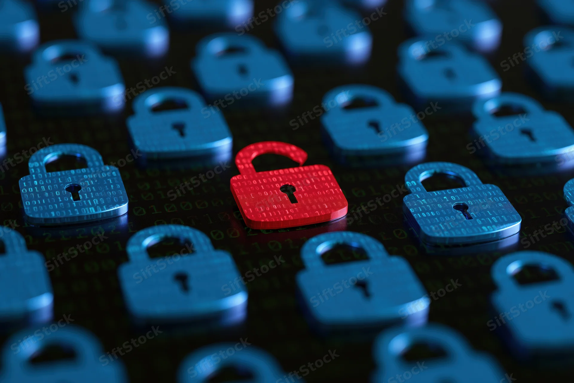 Red open padlock centered among blue closed padlocks on a dark surface with glowing binary code