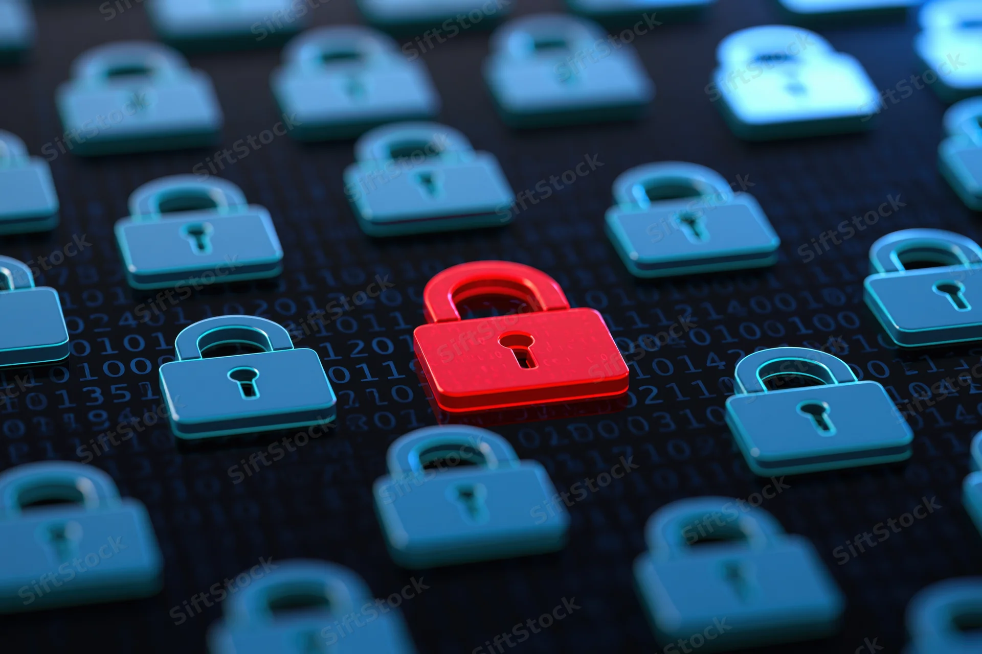 Red open padlock centered among blue closed padlocks on a digital binary code background