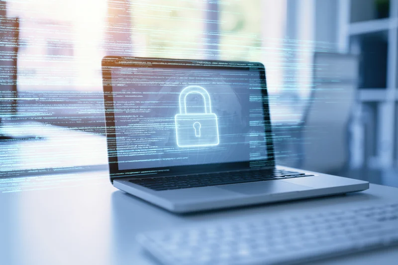 Laptop displaying glowing padlock and digital code on screen in office setting