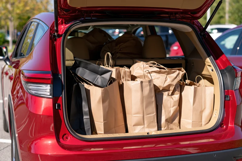 Open trunk of red hatchback suv filled with shopping bags in parking lot