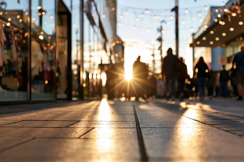Pedestrians walking along a shopping street at golden hour with sun flare and string lights above