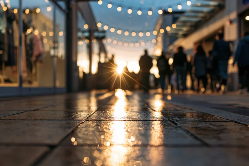Wet pavement reflecting golden hour sunlight on a pedestrian shopping street with blurred silhouettes and string lights