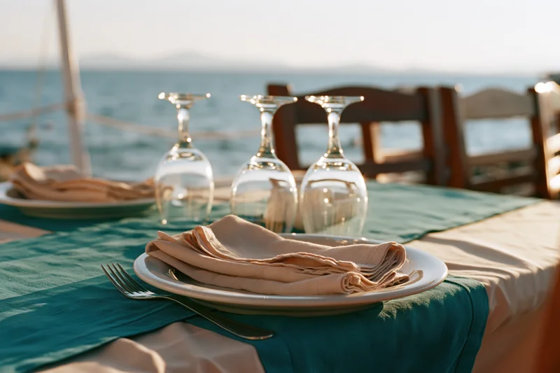 Dining table set with inverted wine glasses and napkins on a coastal restaurant terrace overlooking the ocean at sunset
