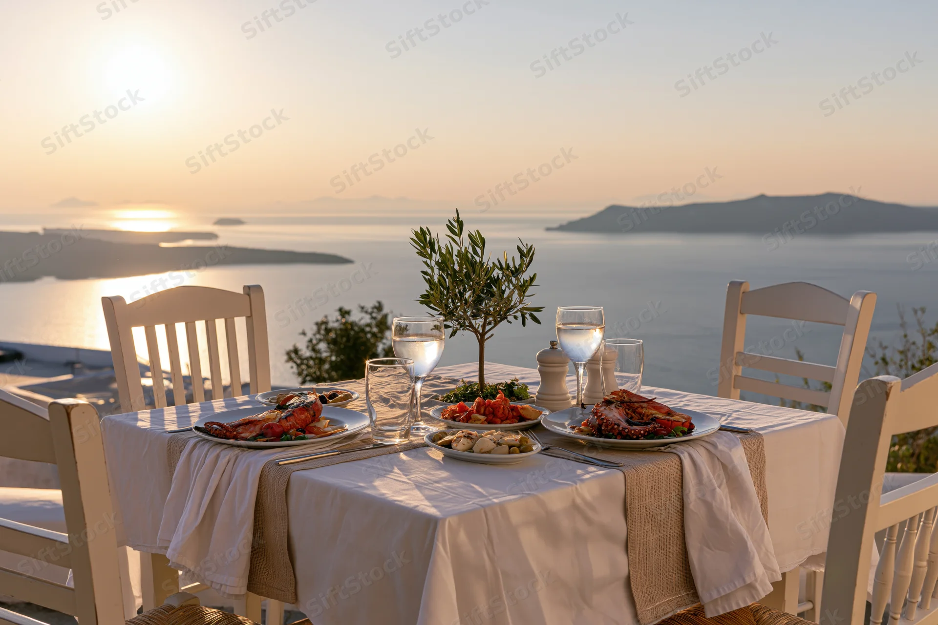 Dinner table set with grilled lobster and octopus overlooking ocean at sunset