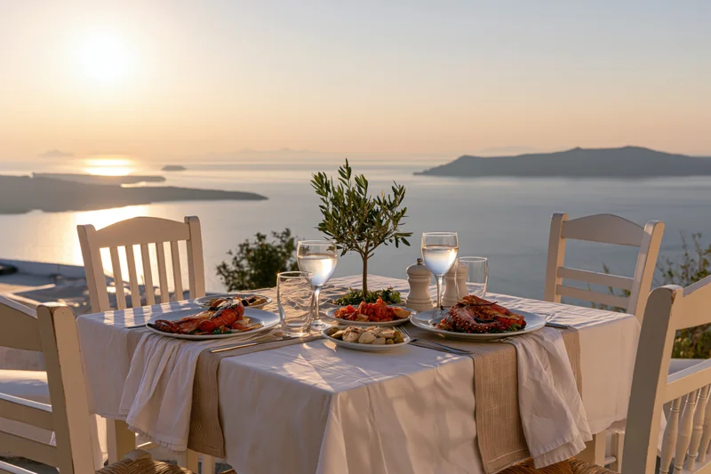 Dinner table set with grilled lobster and octopus overlooking ocean at sunset