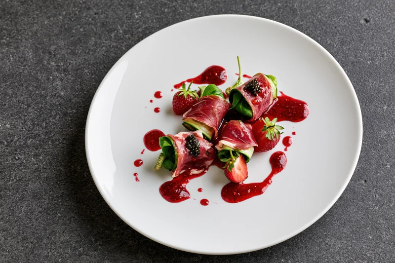 Prosciutto-wrapped cucumber rolls with strawberries and blackberries on a white plate, garnished with red sauce, arranged on a dark surface