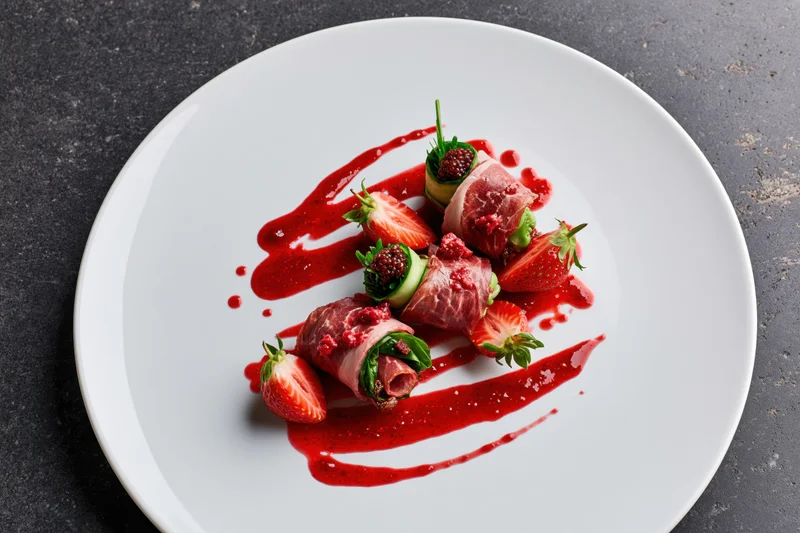 Fine dining appetizer with prosciutto-wrapped vegetables and strawberries on a white plate with red sauce drizzle