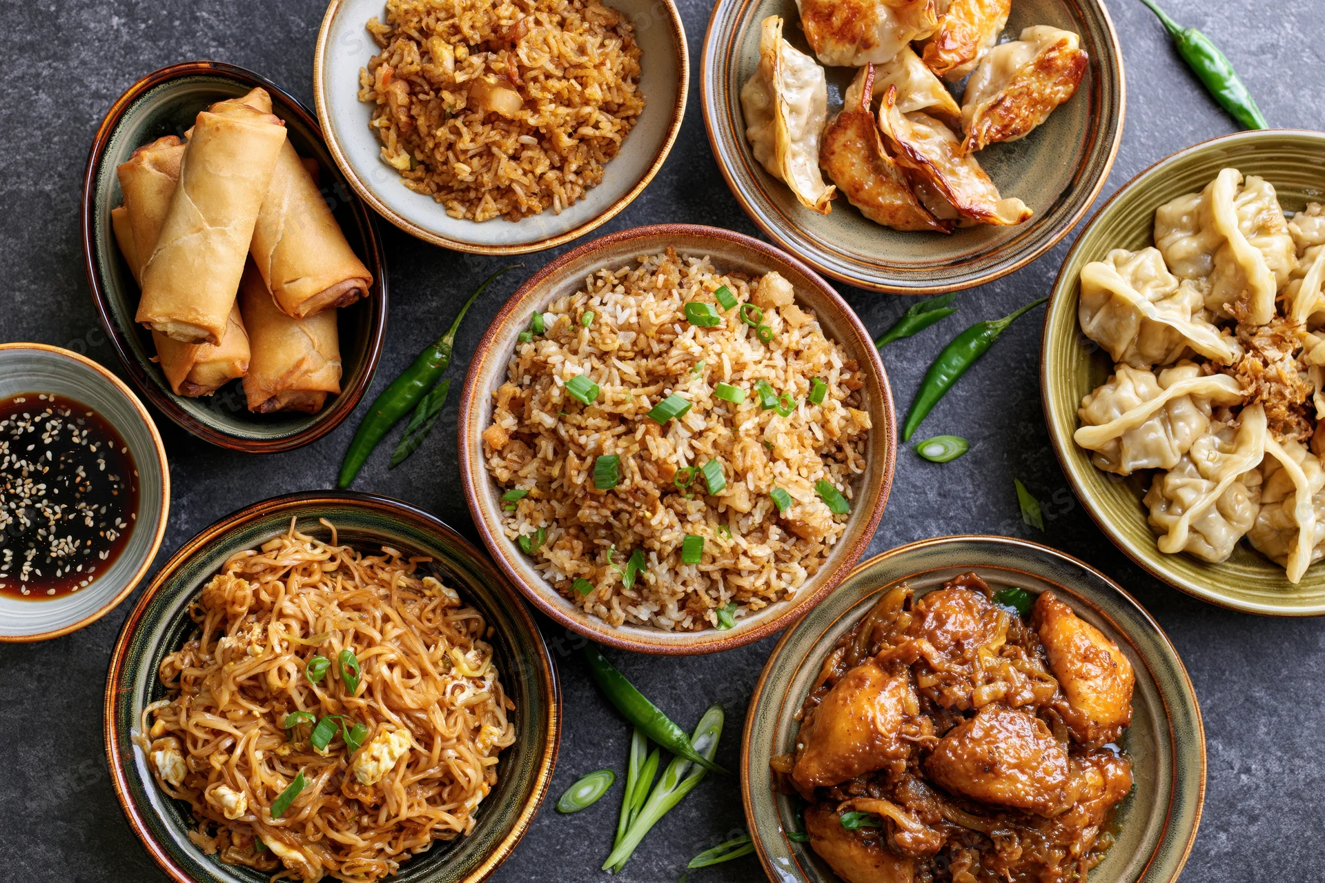 Multiple chinese dishes arranged in ceramic bowls on dark surface overhead flat lay