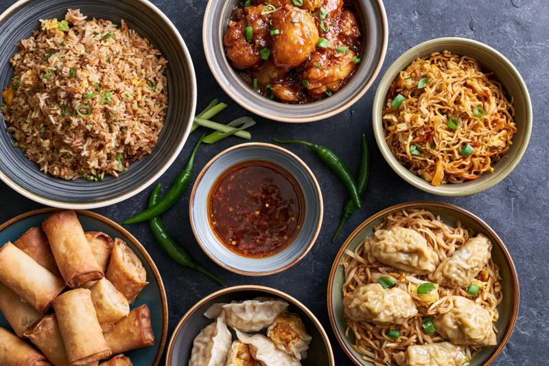 Overhead flat lay of multiple chinese dishes arranged on dark surface including fried rice, noodles, dumplings, spring rolls, and chili sauce in ceramic bowls and plates
