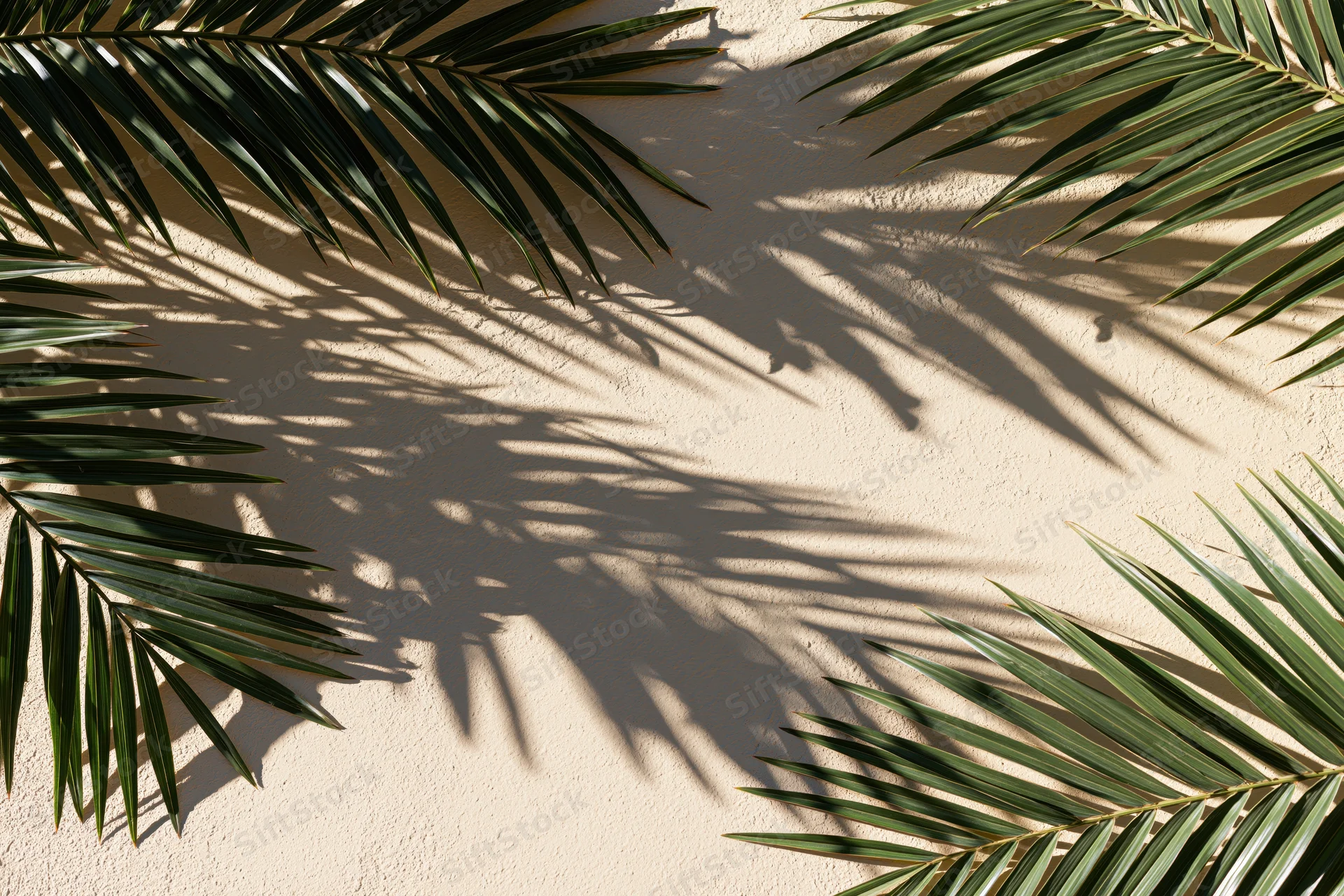 Palm fronds arranged around edges of beige plaster wall casting shadows