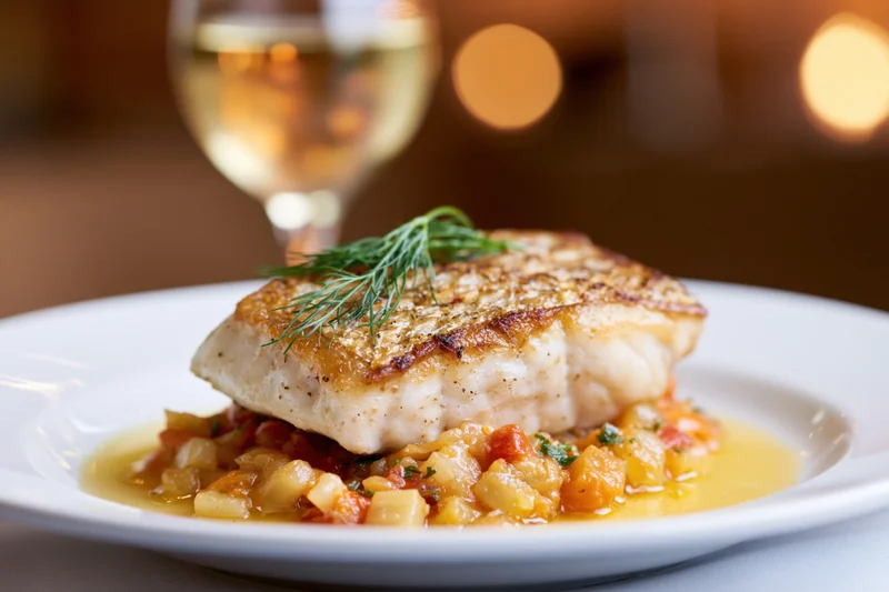 Pan-seared fish fillet with golden crust on a white plate over tomato pineapple sauce, garnished with dill, with a glass of white wine in the background
