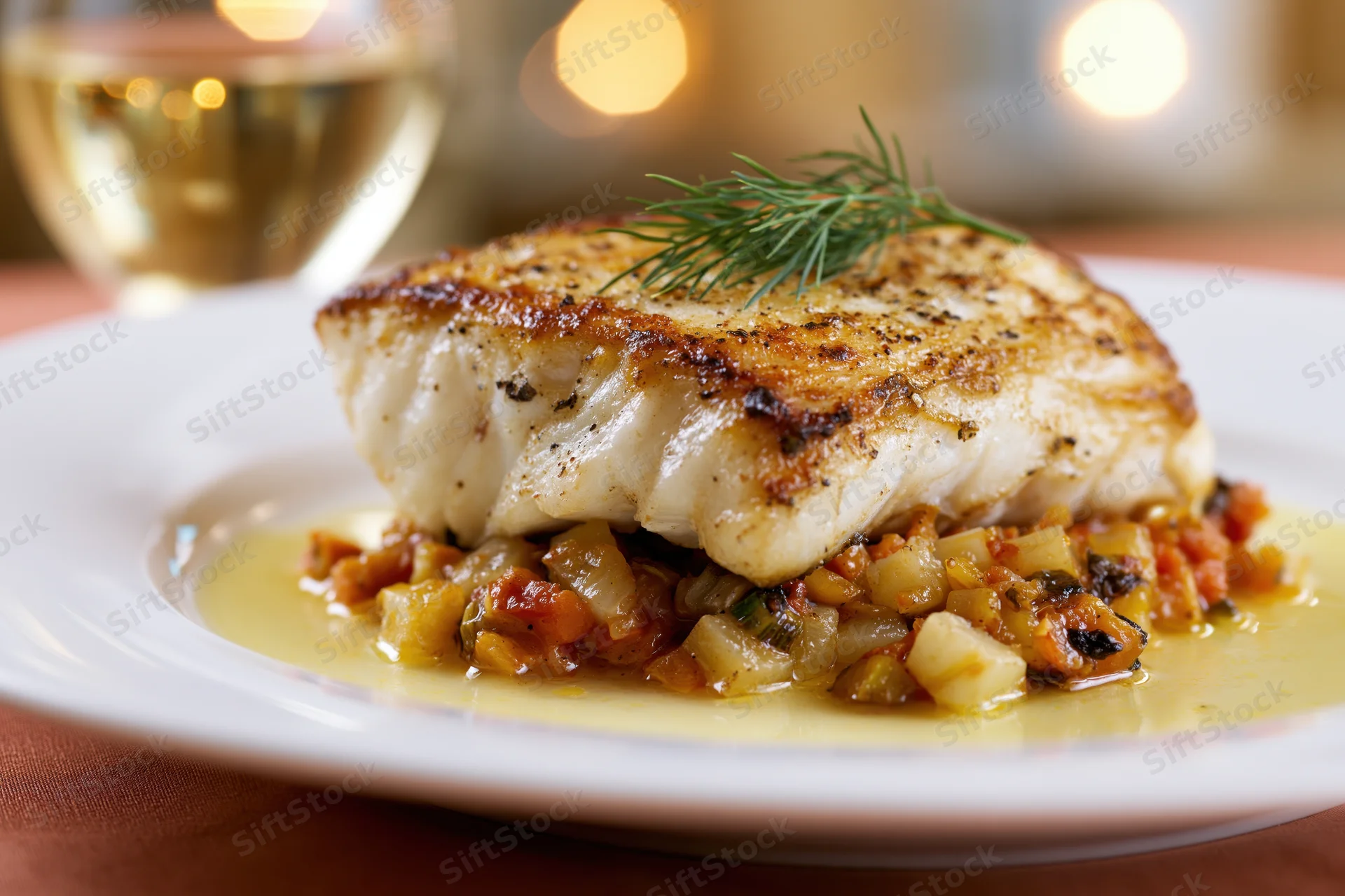 Pan-seared fish fillet with golden crust on a white plate over vegetable sauce, garnished with dill, with wine glass in background