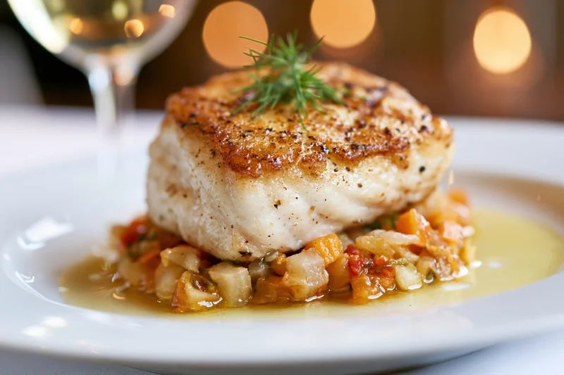 Pan-seared fish fillet with golden crust on vegetable relish and sauce on white plate with wine glass in background