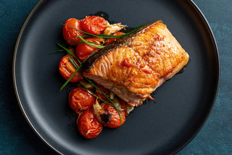 Pan-seared salmon fillet with roasted tomatoes and herbs on a dark matte ceramic plate