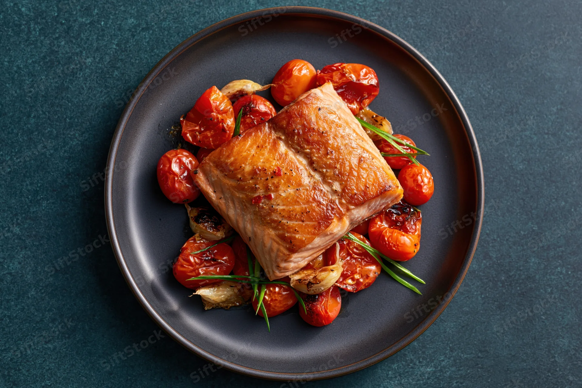 Pan-seared salmon fillet on a dark matte ceramic plate with roasted tomatoes and garlic
