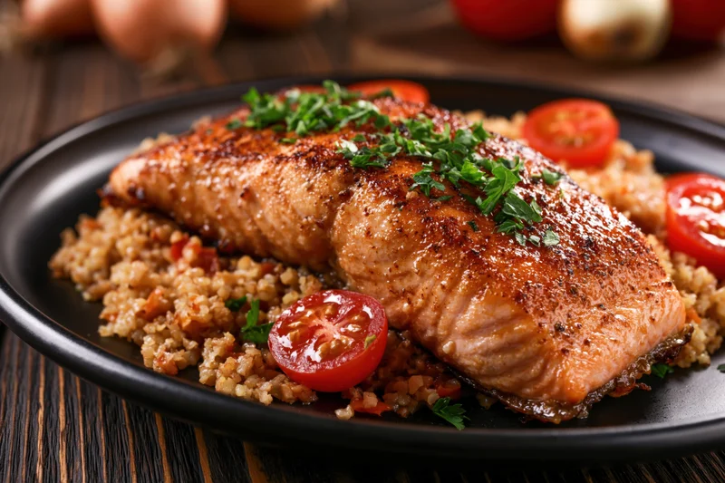 Pan-seared salmon fillet with golden crust on quinoa garnished with parsley and cherry tomatoes on black plate